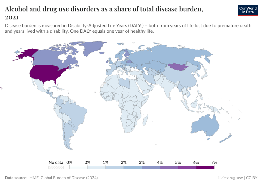 A thumbnail of the "Alcohol and drug use disorders as a share of total disease burden" chart