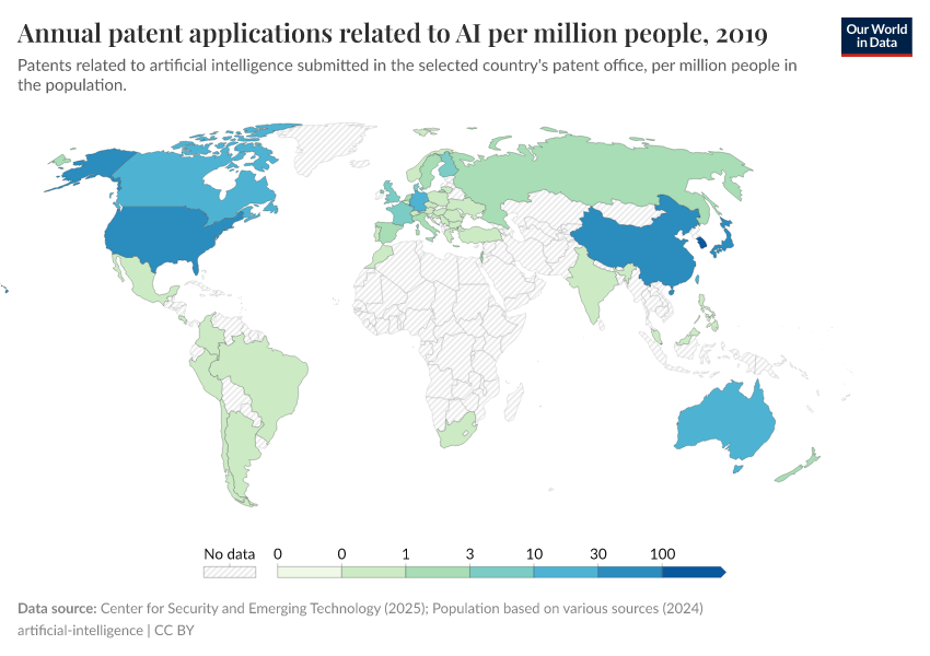A thumbnail of the "Annual patent applications related to AI per million people" chart