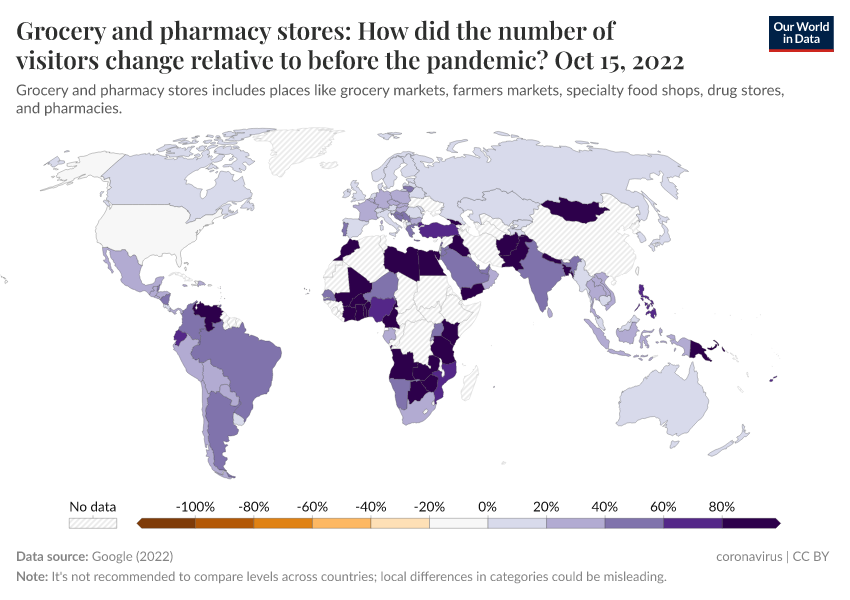 A thumbnail of the "Grocery and pharmacy stores: How did the number of visitors change relative to before the pandemic?" chart