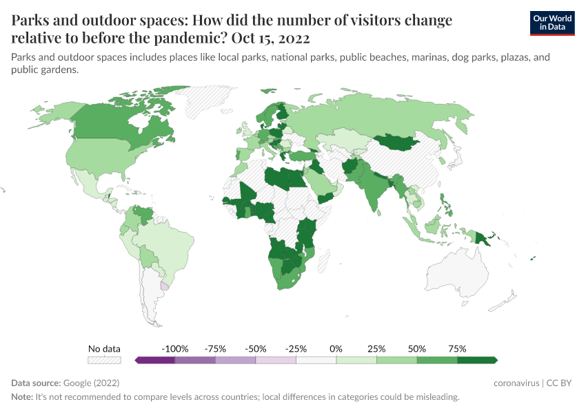 A thumbnail of the "Parks and outdoor spaces: How did the number of visitors change relative to before the pandemic?" chart