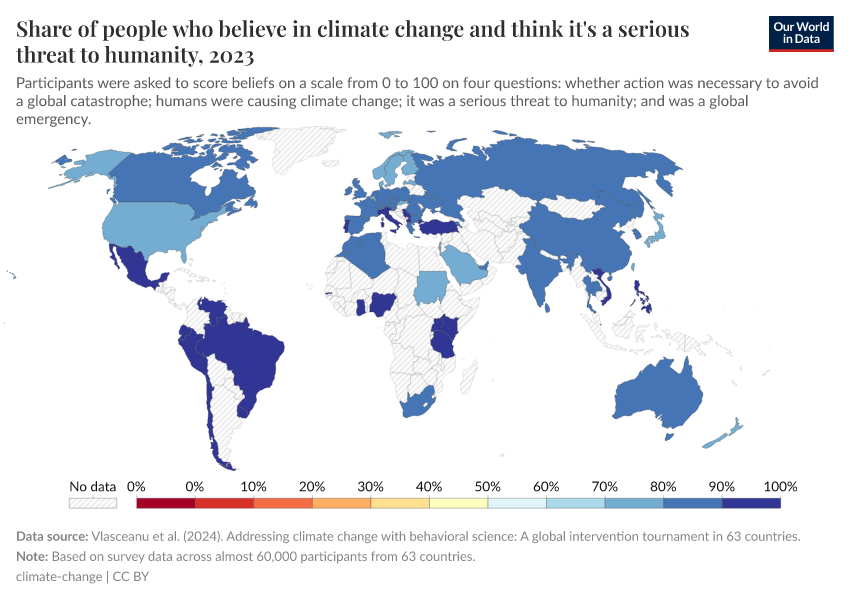 A thumbnail of the "Share of people who believe in climate change and think it's a serious threat to humanity" chart