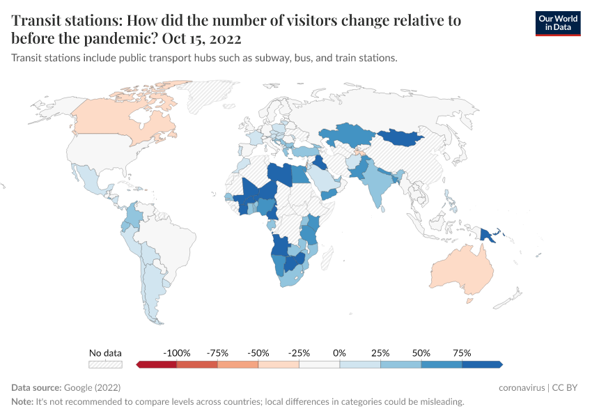 A thumbnail of the "Transit stations: How did the number of visitors change relative to before the pandemic?" chart