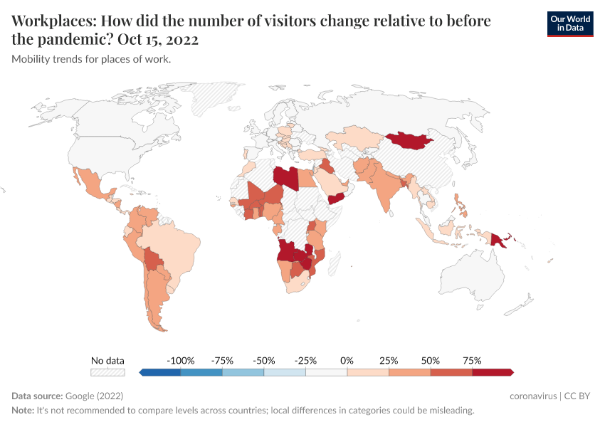 A thumbnail of the "Workplaces: How did the number of visitors change relative to before the pandemic?" chart